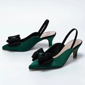 FSJ Green Satin Pointed Toe Low Heel Black Bow Slingback Pump Heels Size 7